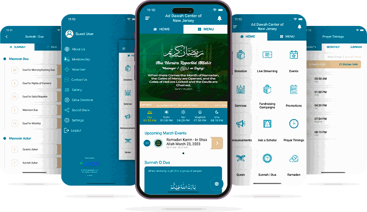 Screens of the Ad Dawah Center mobile app showing the menu, prayer timings and upcoming events